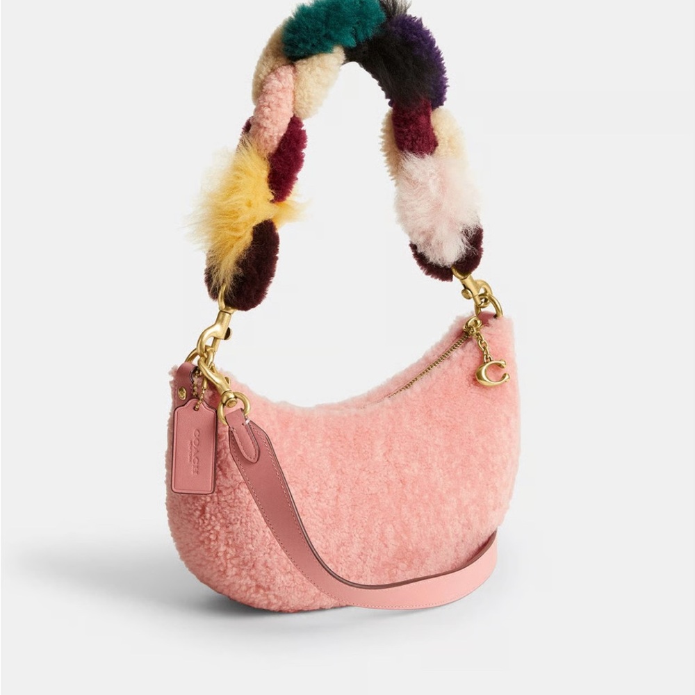 Coach Mira Candy Pink Shoulder Bag with Multicolor Faux Fur Strap